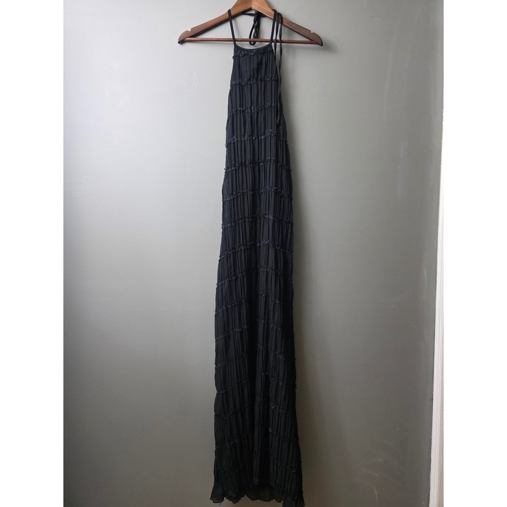 Abyovrt Black Halter Maxi Dress Open Back Tiered Pleated Ruffle Small NWT